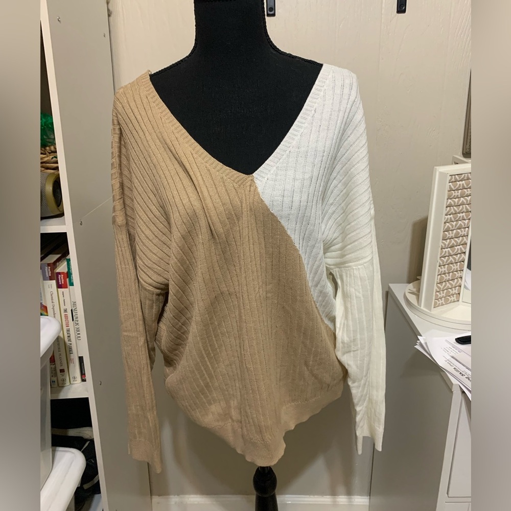 Large woman’s sweater khaki and white